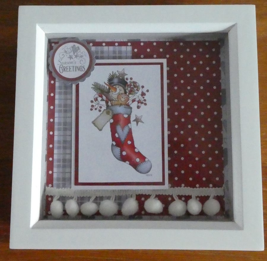 Sale - Christmas Decoration - Snowman In Stocking Box Frame