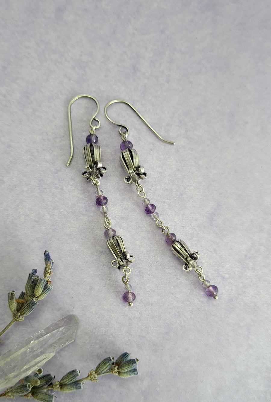 Bluebell and amethyst drop earrings