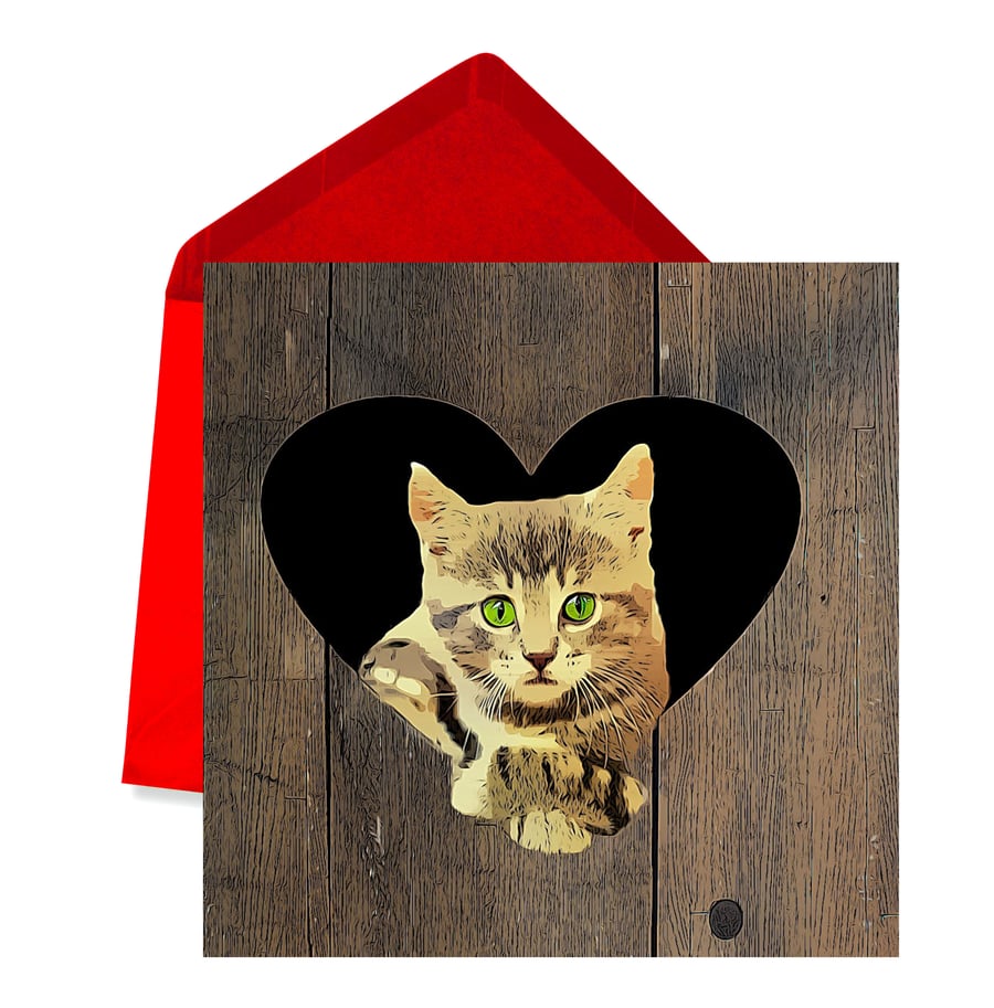 Cat In a Love-Heart Valentine's Day Card, with Red Envelope