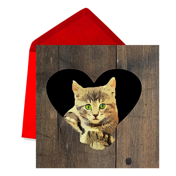 Cat In a Love-Heart Valentine's Day Card, with Red Envelope