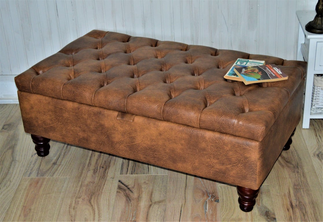 Chesterfield Style Deep Button Footstool in a Premium Tan Faux Leather