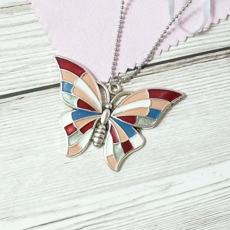 Red, blue, silver butterfly pendant, handpainted butterfly necklace for women 