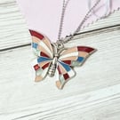 Red, blue, silver butterfly pendant, handpainted butterfly necklace for women 