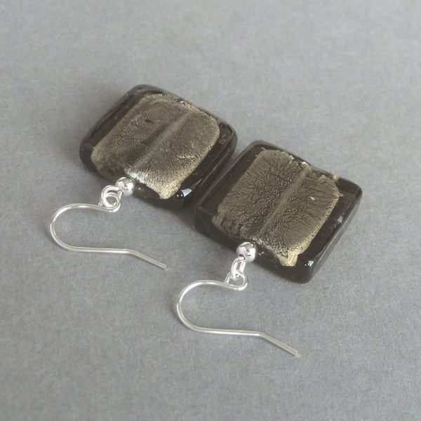 Large Dark Grey Fused Glass Drop Earrings - Charcoal Grey Square Drop Earrings