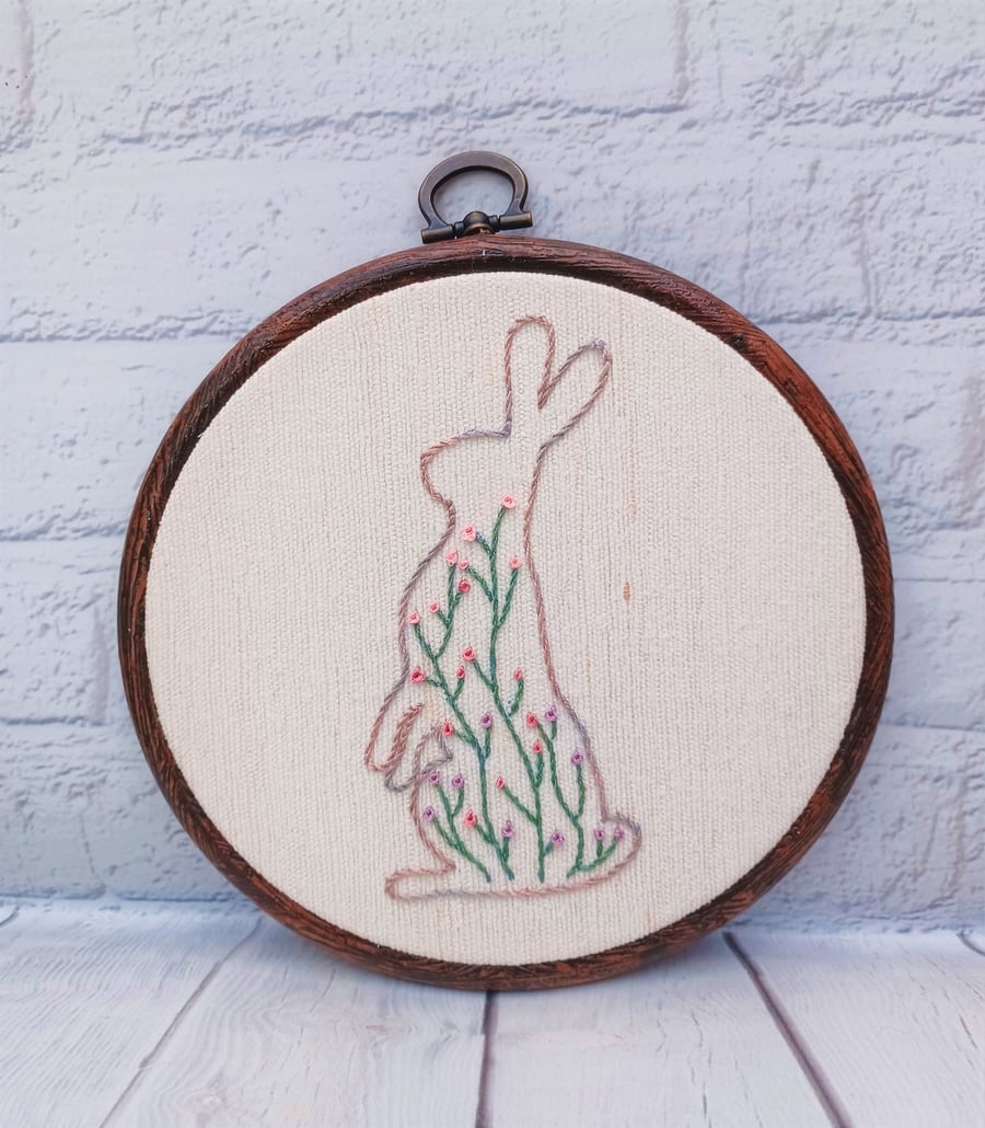 Floral Moongazing Hare Hand Embroidered Hoop Art