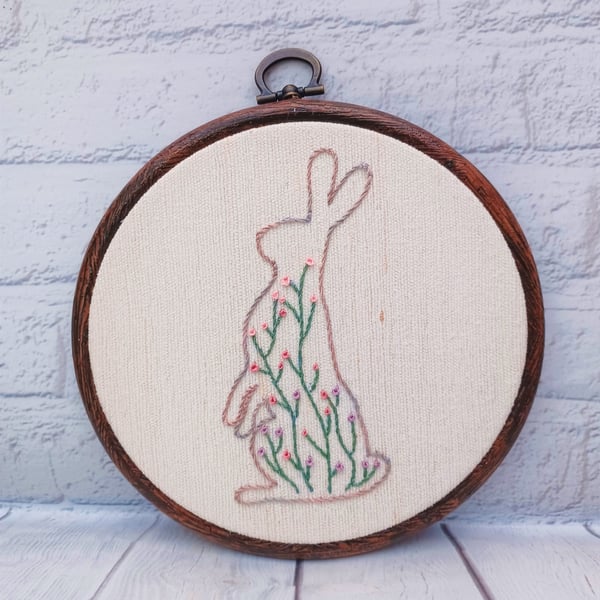 Floral Moongazing Hare Hand Embroidered Hoop Art