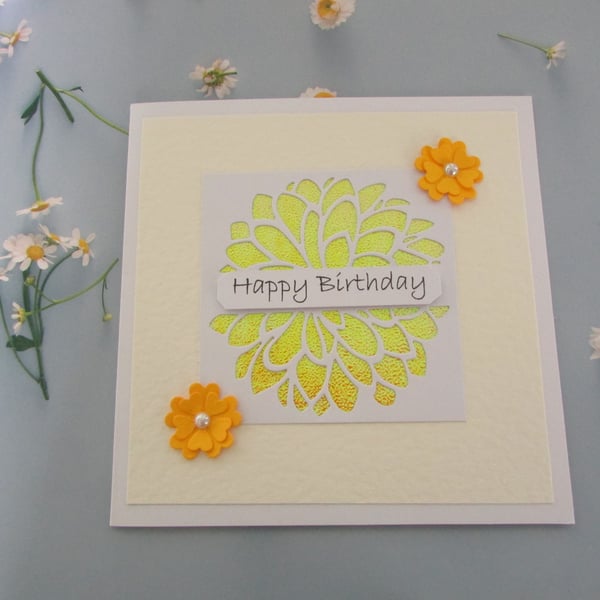 Happy Birthday Card Iridescent Die Cut Yellow Dahlia Flower - Blank Inside