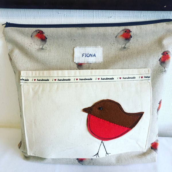 Knitting bag, knitting storage, project bag, sewing bag, robin appliqué.