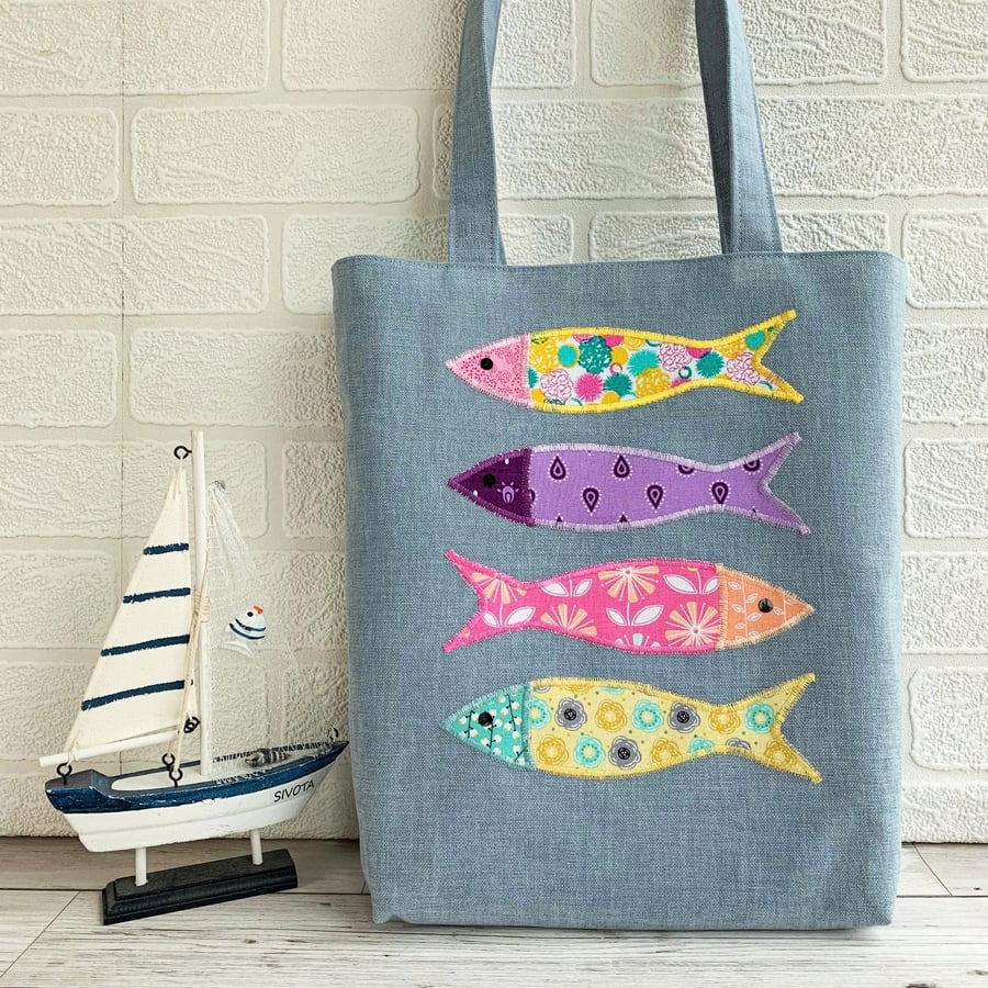 Fish tote bag with four bright colourful fish - Folksy