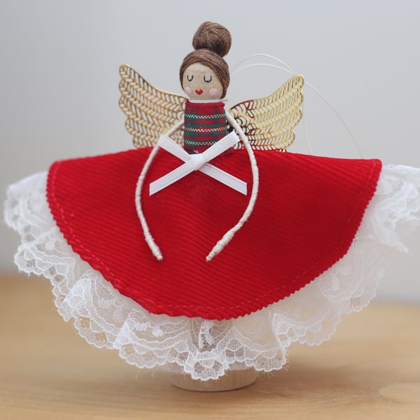 'Red dress fabric with tartan bodice' Handmade Peg Doll (Brown hair)