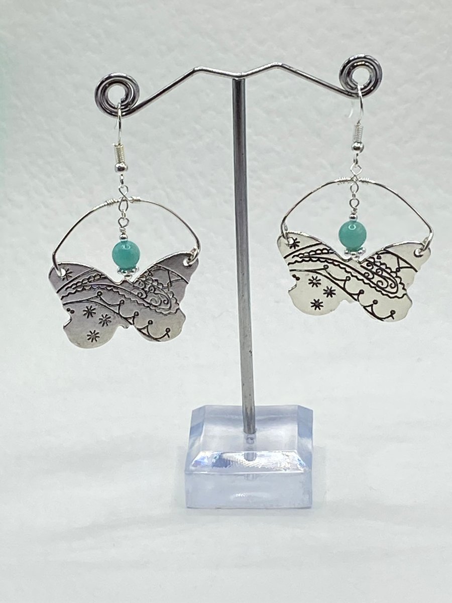 Silver plated butterfly shaped charm earrings with amazonite