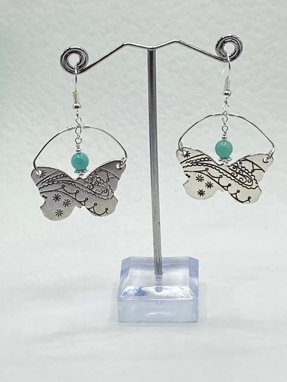 Silver plated butterfly shaped charm earrings with amazonite