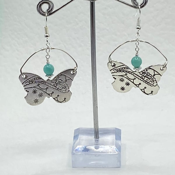 Silver plated butterfly shaped charm earrings with amazonite