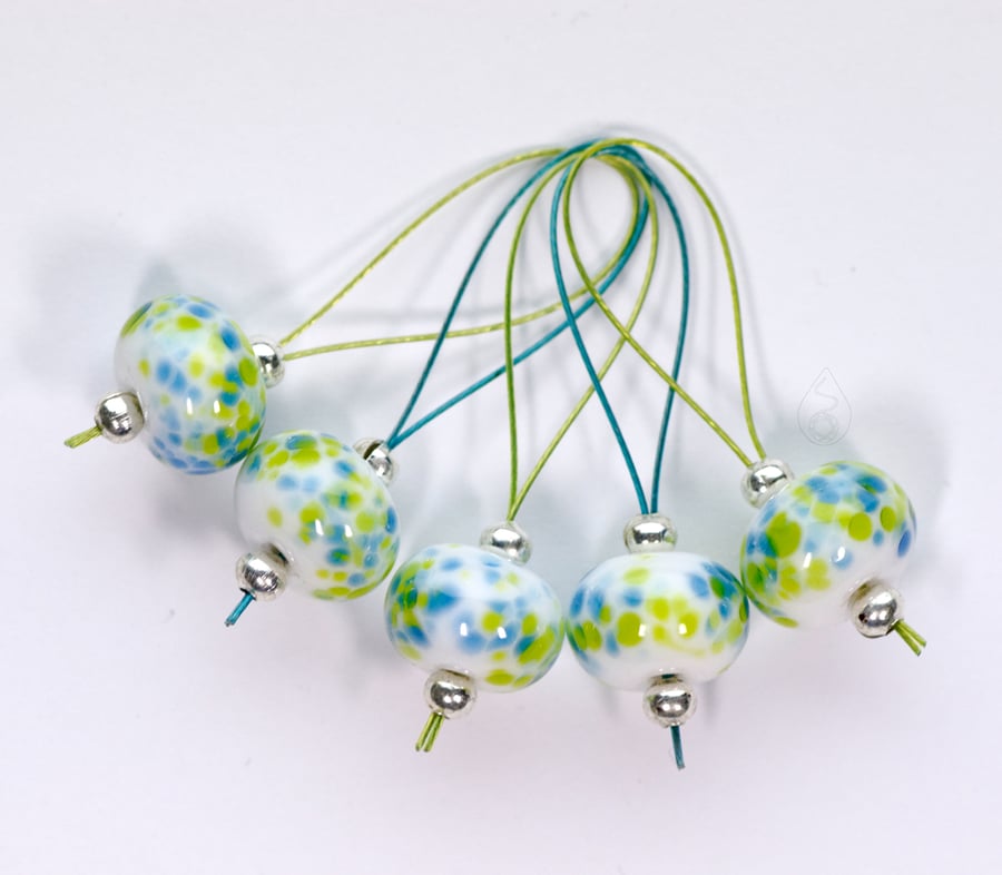 Lampwork Stitch Markers - Spring Greens and Blues