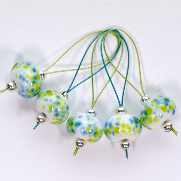 Lampwork Stitch Markers - Spring Greens and Blues