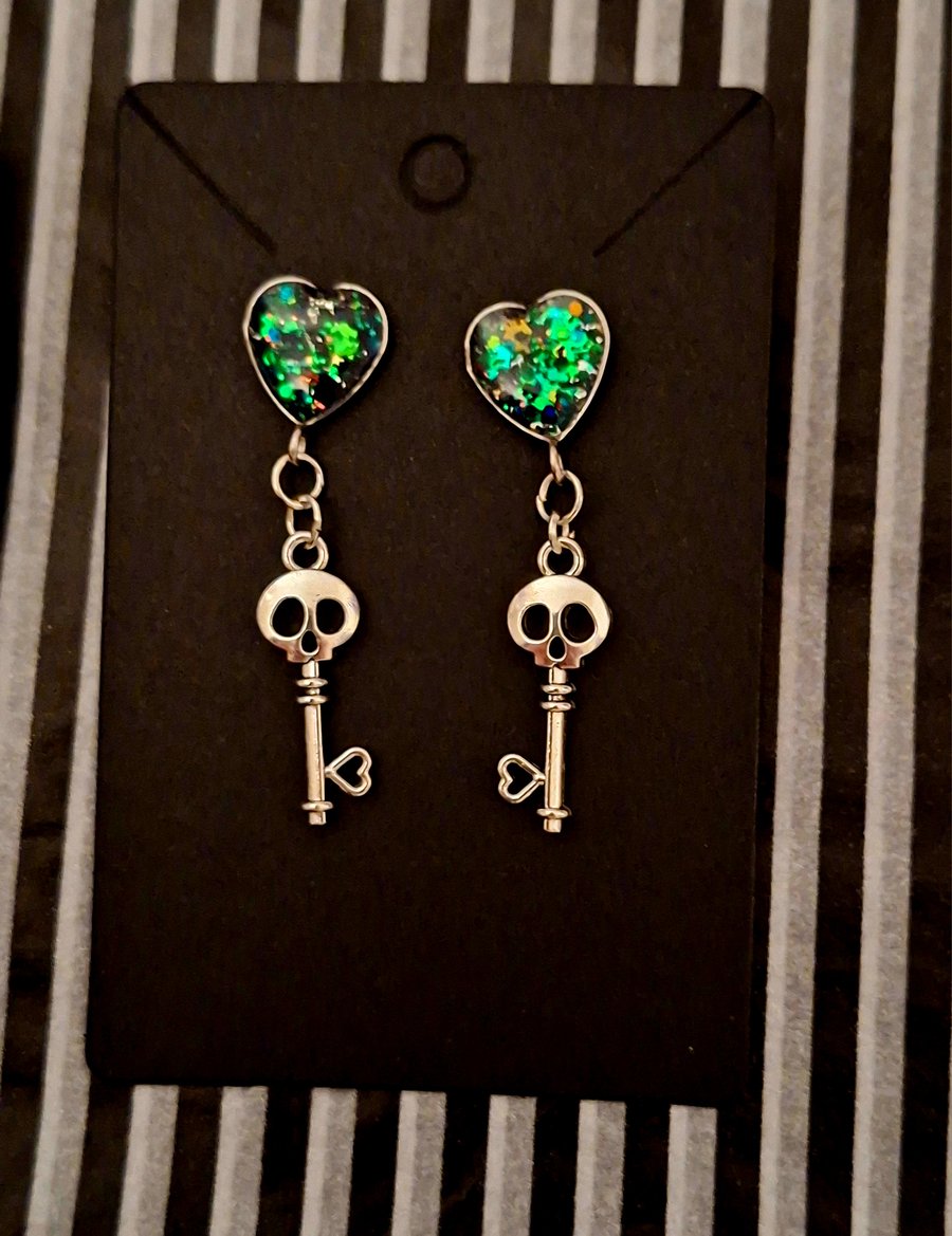 Gothic glitter blue green skull key earrings alternative emo punk