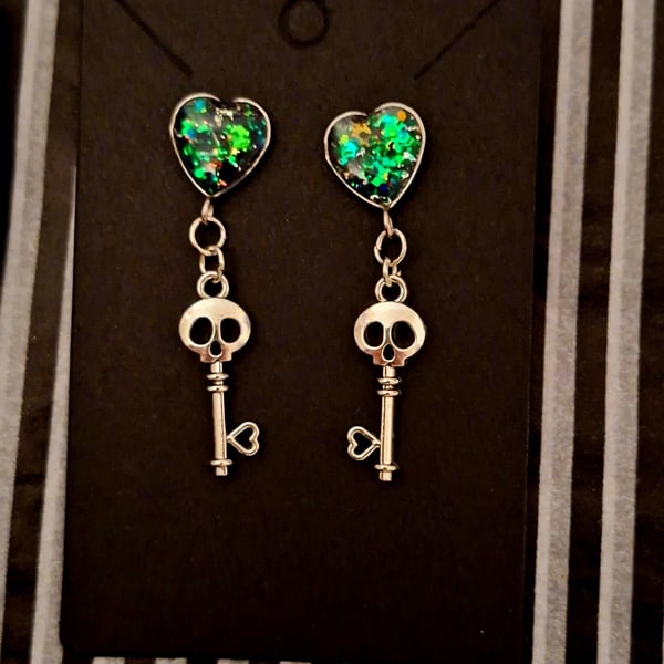 Gothic glitter blue green skull key earrings alternative emo punk