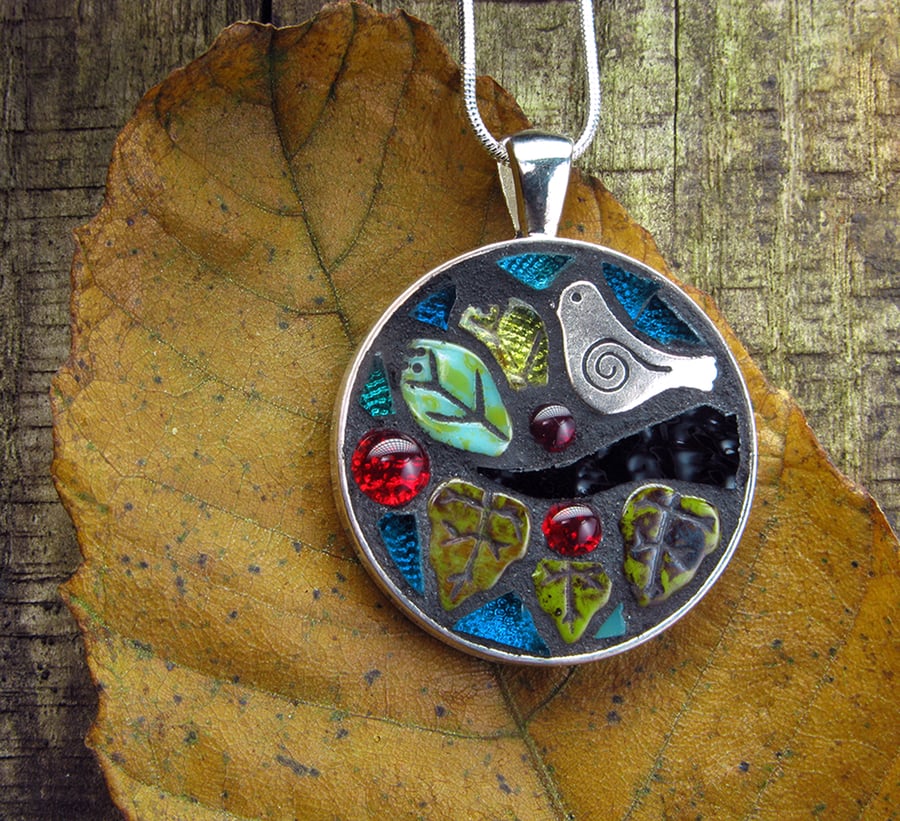Autumn Berry Bird - Mosaic Pendant