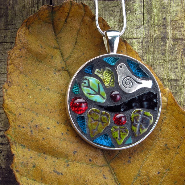 Autumn Berry Bird - Mosaic Pendant