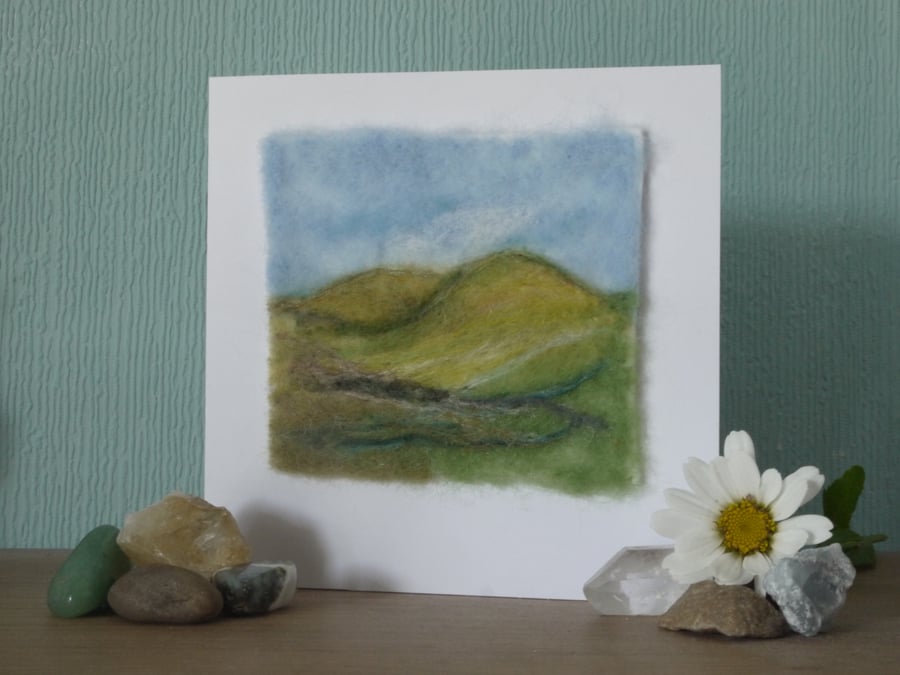 Handmade needle felted ' Summer hills' blank greetings card
