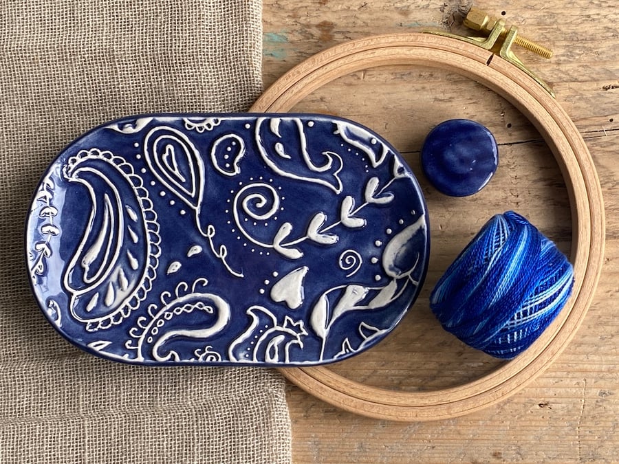 Sewing Tray Handmade Blue Paisley with Needle minder 