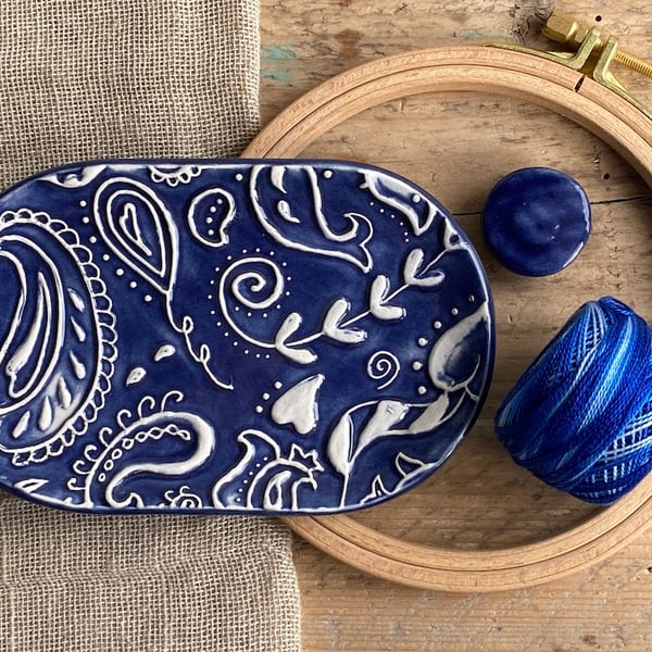 Sewing Tray Handmade Blue Paisley with Needle minder 
