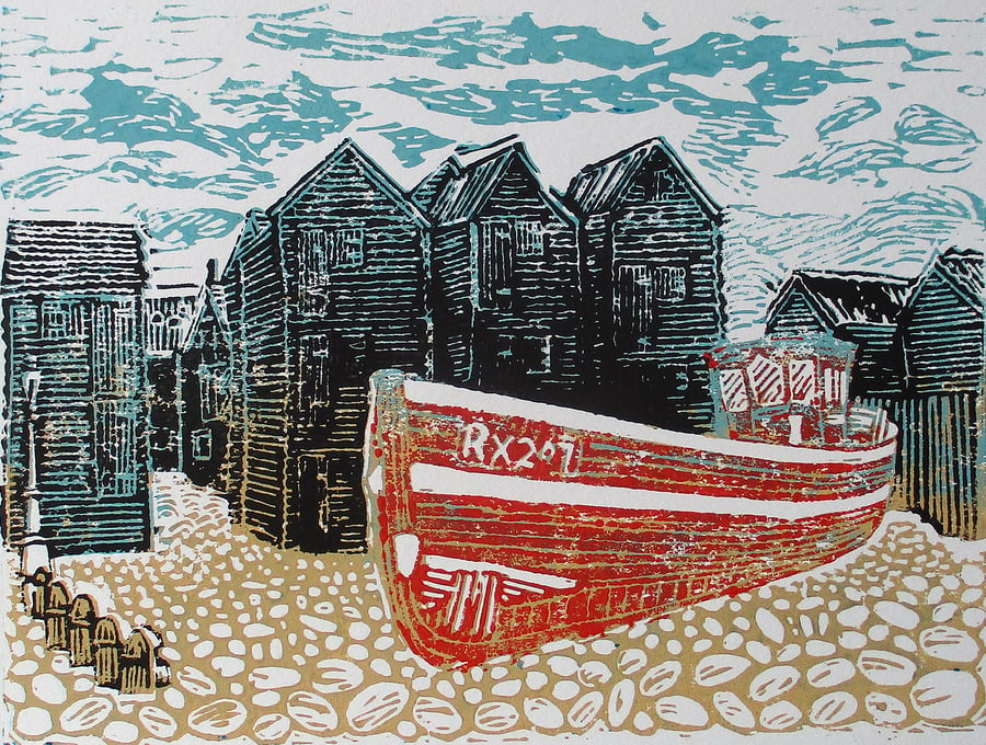 Hastings Net Shops, East Sussex - Original Hand Pressed Limited Edition Linocut 