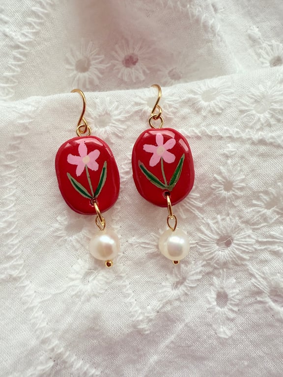 Pink Floral Red Oval Pearl Drop Earrings - FREE SHIPPING