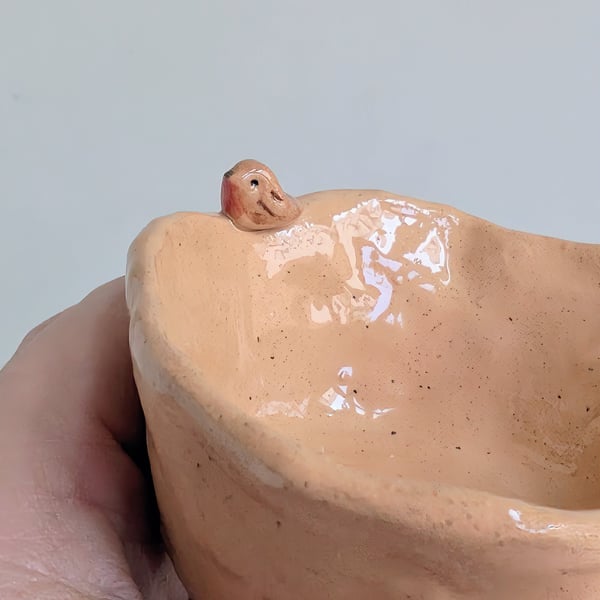 Ceramic handmade tealight robin & birdprints pottery speckled candle holder