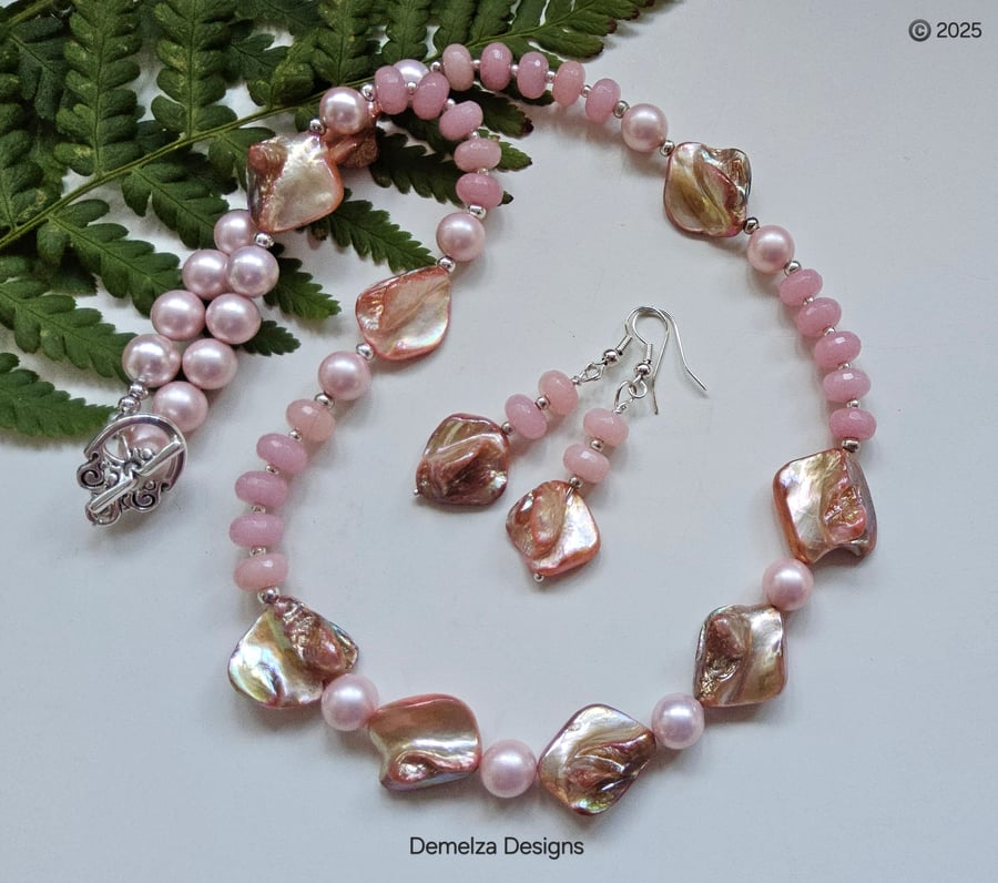 Designer Shell Pearl, Pink Jade & Shell Necklace & Earrings Set