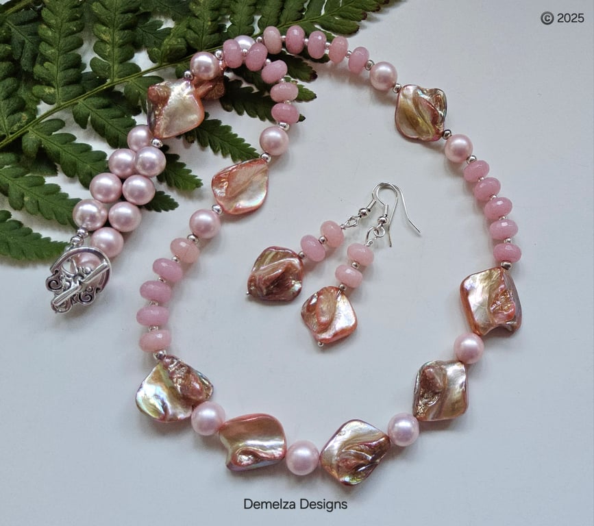 Designer Shell Pearl, Pink Jade & Shell Necklace & Earrings Set