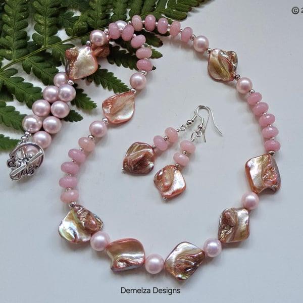 Designer Shell Pearl, Pink Jade & Shell Necklace & Earrings Set