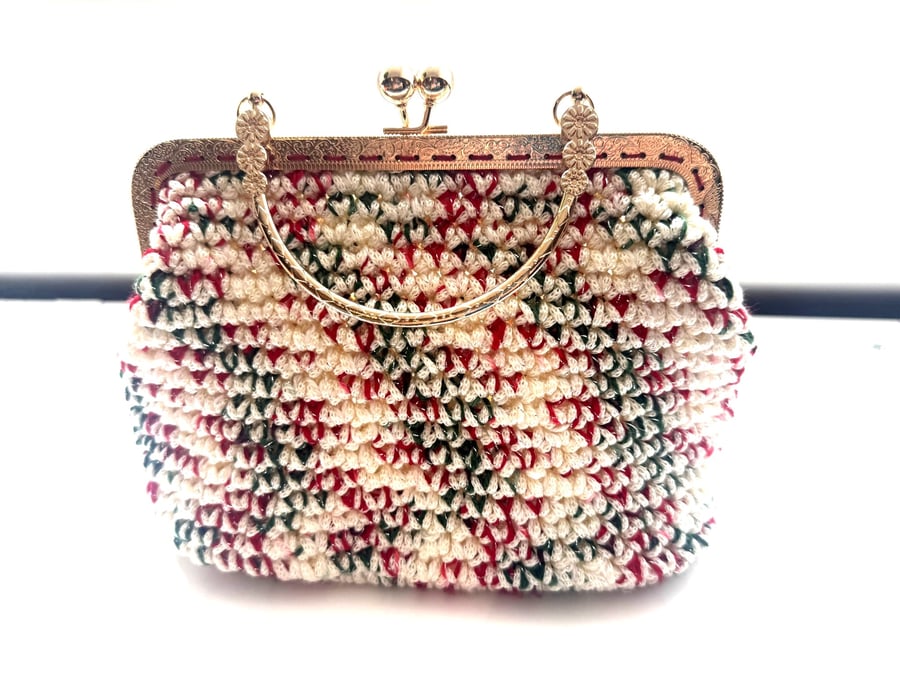 Christmas hand crocheted handbag, cream, red and green - Folksy