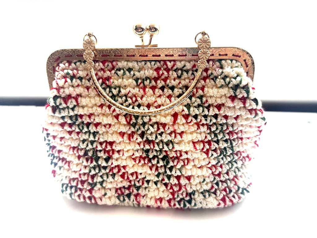Christmas hand crocheted handbag, cream, red and green