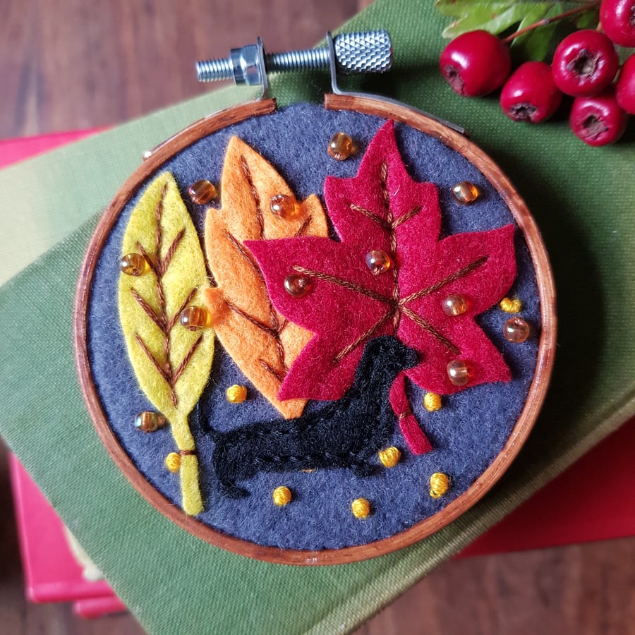 Autumn leaves and sausage dog- small wall hanging 