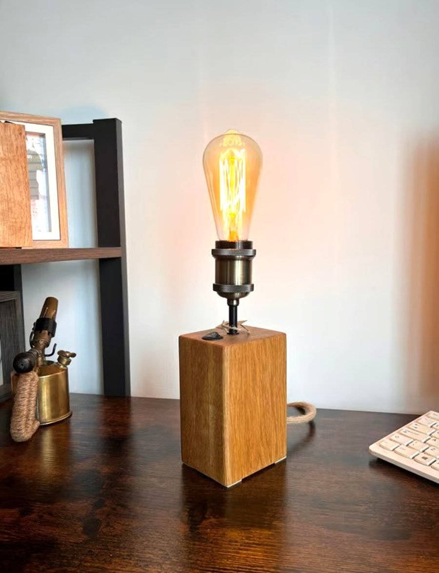 Modern Oak Block Table Lamp with Upright Edison Bulb – Handmade Light