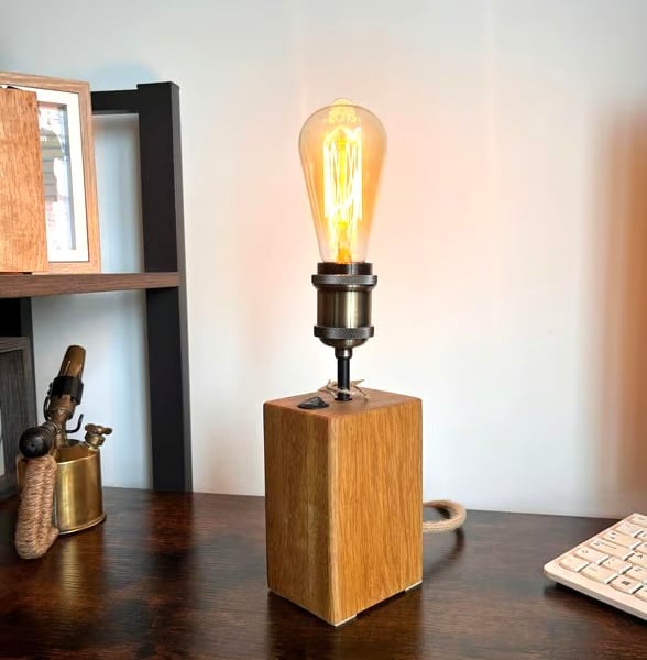 Modern Oak Block Lamp - Handmade Upright Edison Table Light UK