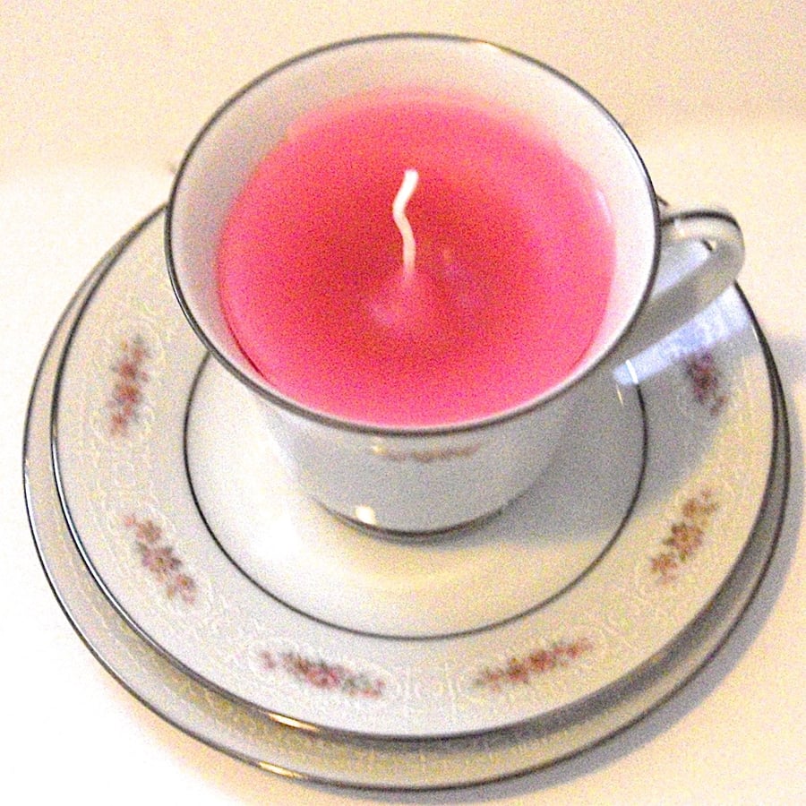 Vintage China Tea Cup Rose Candle with Saucer and Plate - UK Free Post
