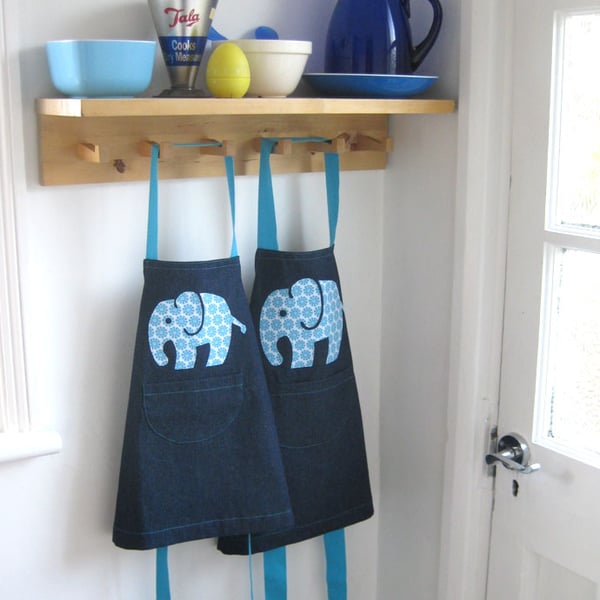 1-4 yrs Flowery Friendly Elephant Aprons, Hand Appliquéd. Denim. 1-2y, 3-4y