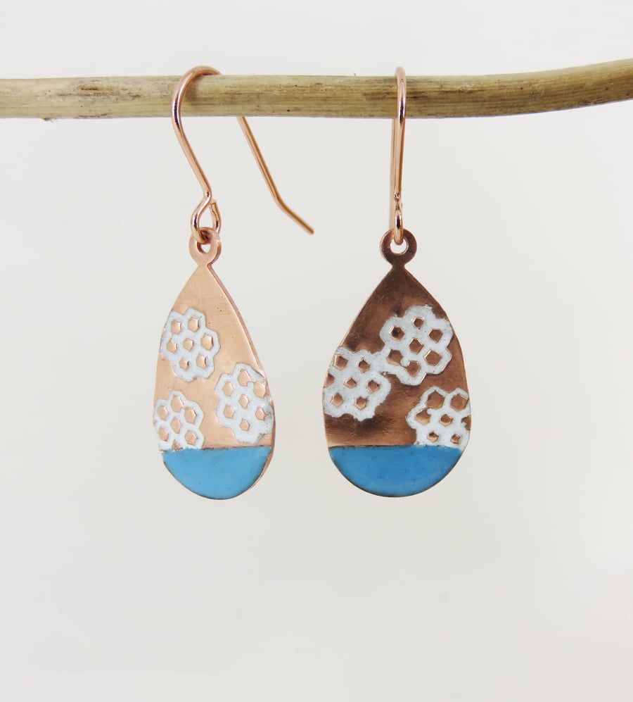 Enamel and Textured Copper Dangle Earrings