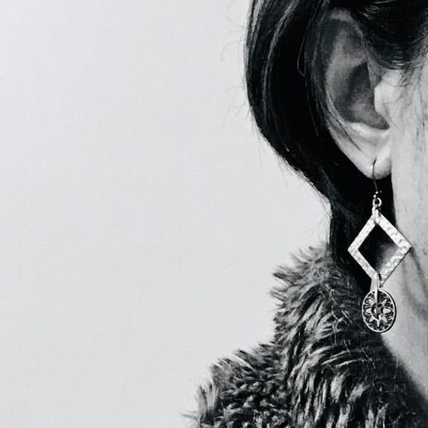 SALE - Up-cycled square shaped stainless steel - metal vintage button earrings