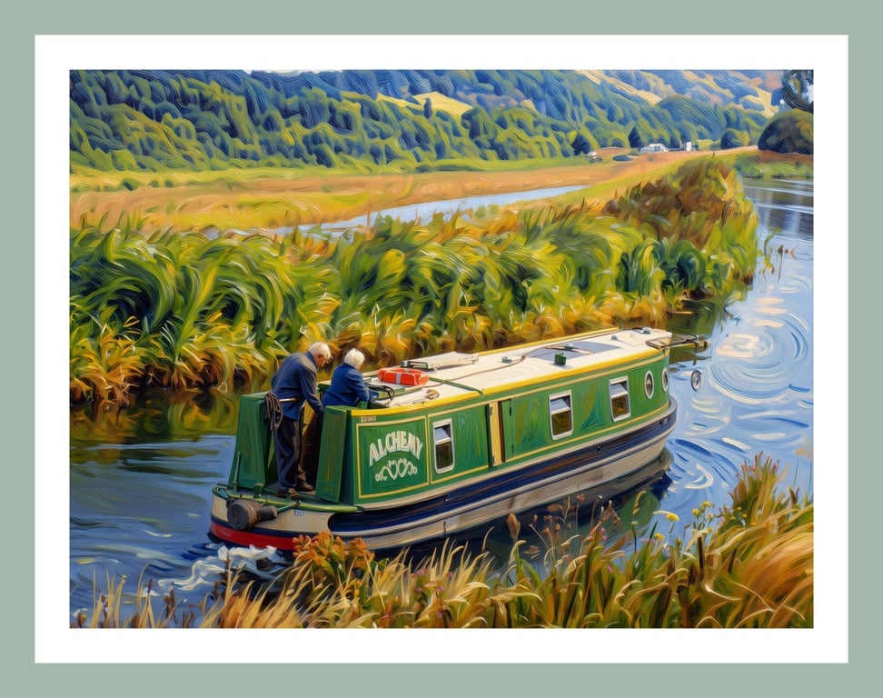 Green Narrow Boat Traveling Down the Fens Norfolk Greeting Card A5