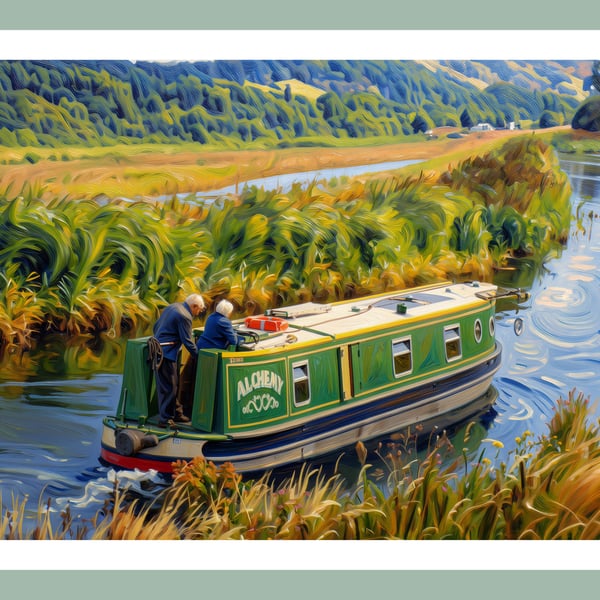 Green Narrow Boat Traveling Down the Fens Norfolk Greeting Card A5