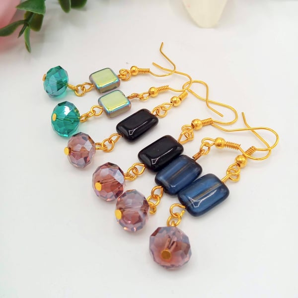 Glass Rectangular Bead and Crystal Earrings, Gift for Her, Colour Choice
