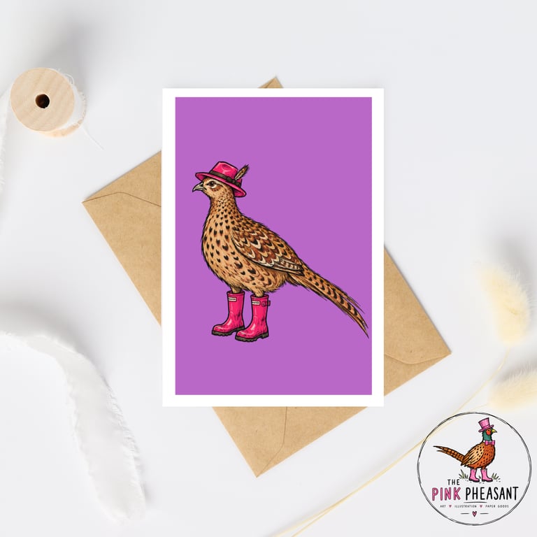 Pheasant Greetings Card - Hand Drawn Pheasant in Pink Wellies - A6 Card