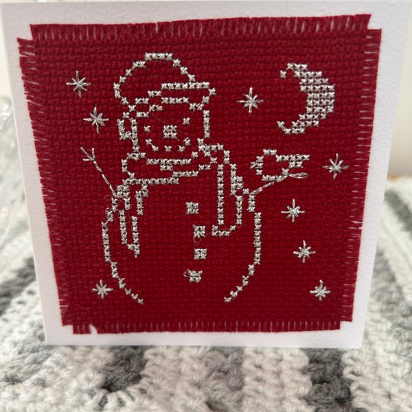 Silver Snowman Cross Stitched Christmas Card 3inch x 3 inch 