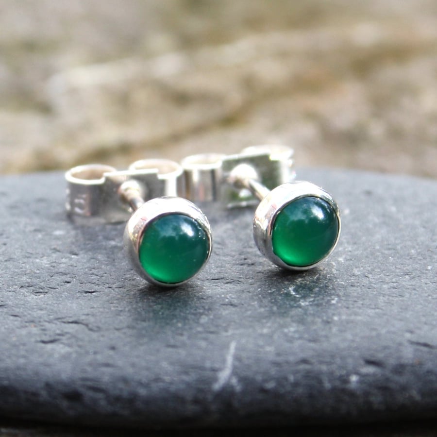 Green agate stud earrings sterling silver, gemstone studs