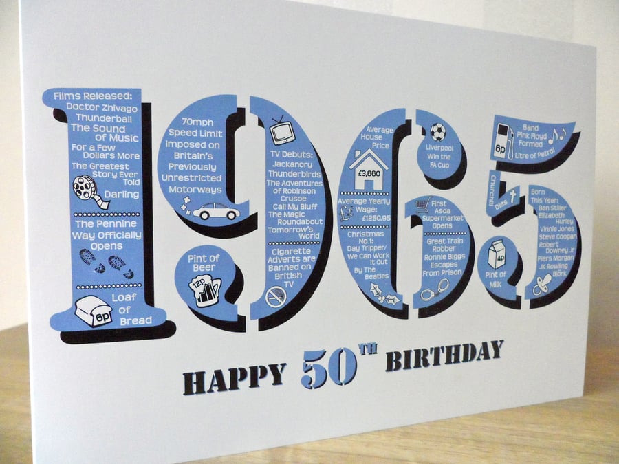 Happy 50th Birthday Card - Born In 1965 British Facts A5 Male Greetings Card