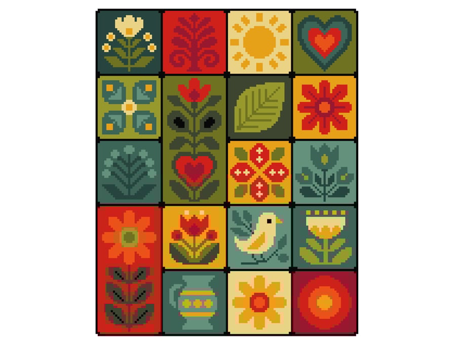 309 - Folk Hearts and Garden Quilt style Sampler Cross Stitch Pattern(PDF Chart)