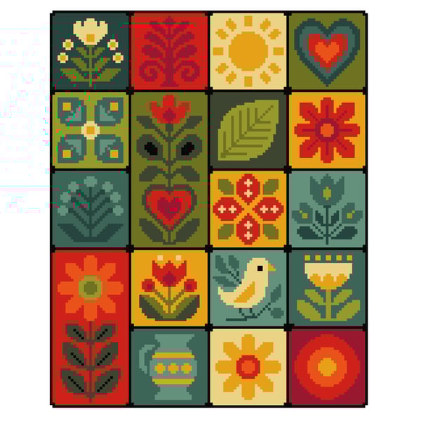 309 - Folk Hearts and Garden Quilt style Sampler Cross Stitch Pattern(PDF Chart)